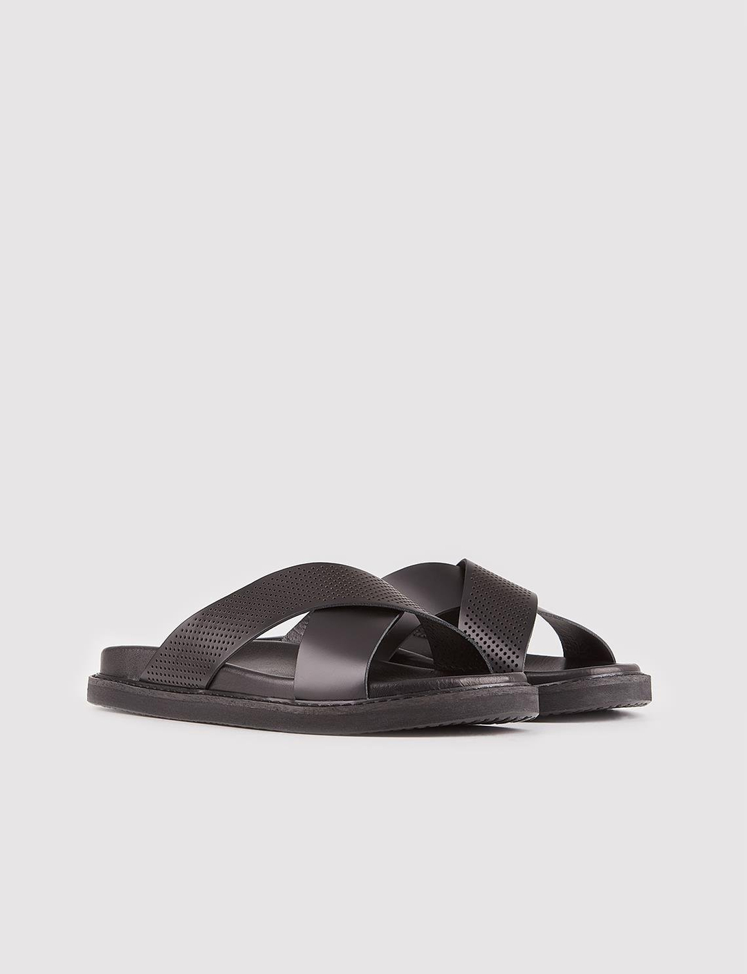 Men Black Genuine Leather Cross Slides Slippers