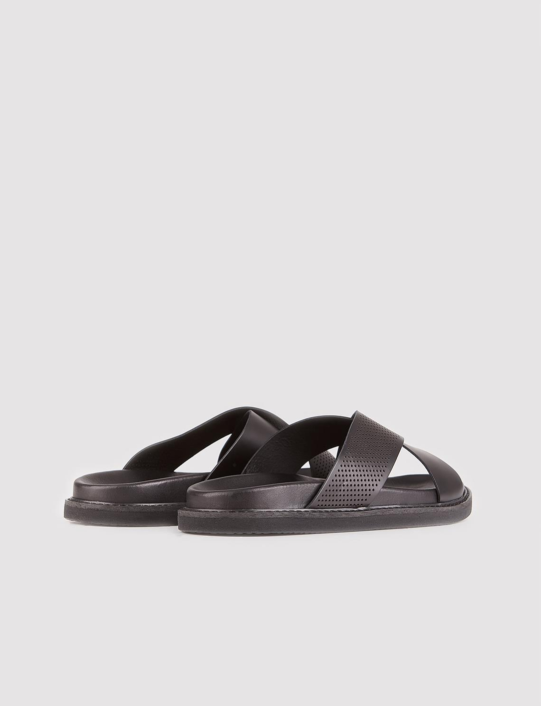 Men Black Genuine Leather Cross Slides Slippers