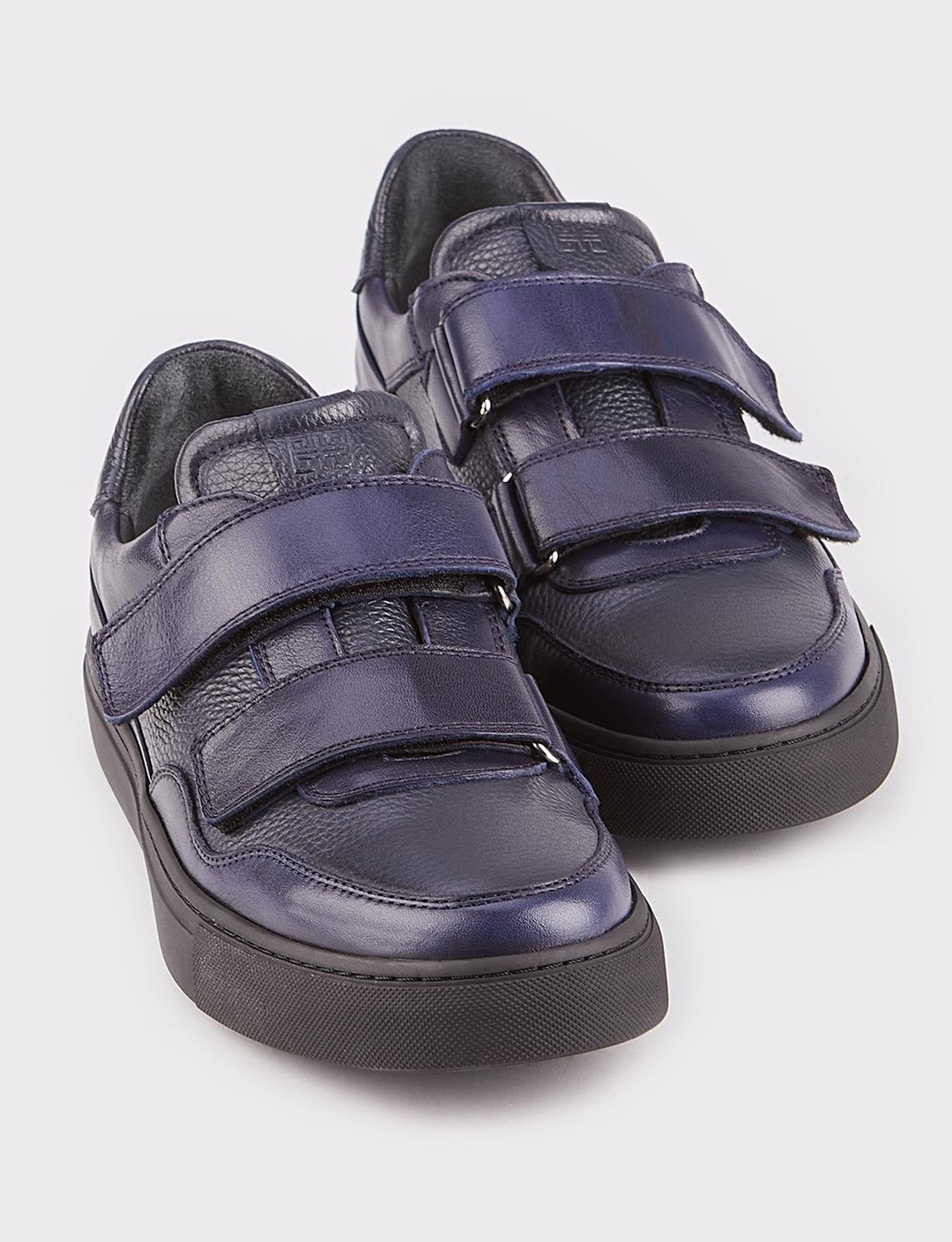 Men Navy Blue Genuine Leather Velcro Straps Sneakers