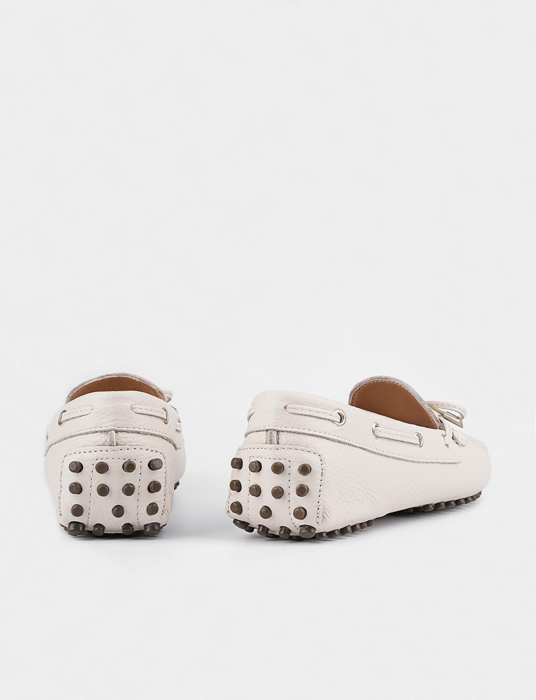 Fiyonk Bağcıklı Hakiki Deri Bej Kadın Loafer Ayakkabı