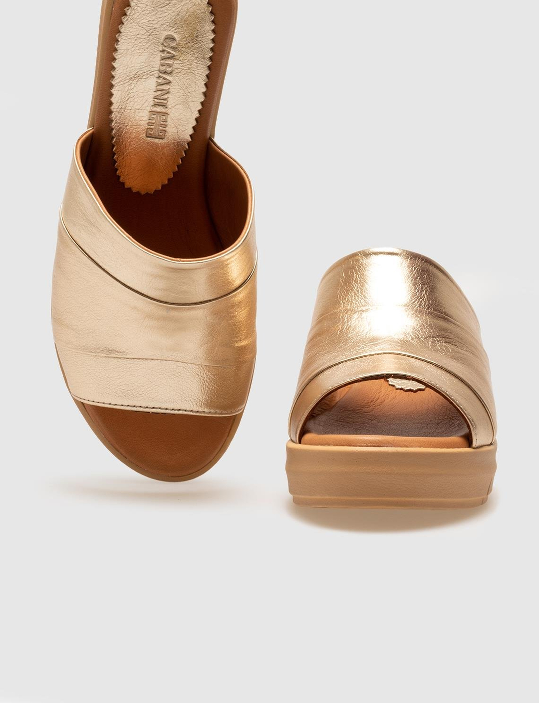 Women Gold Genuine Leather Wedge Slides