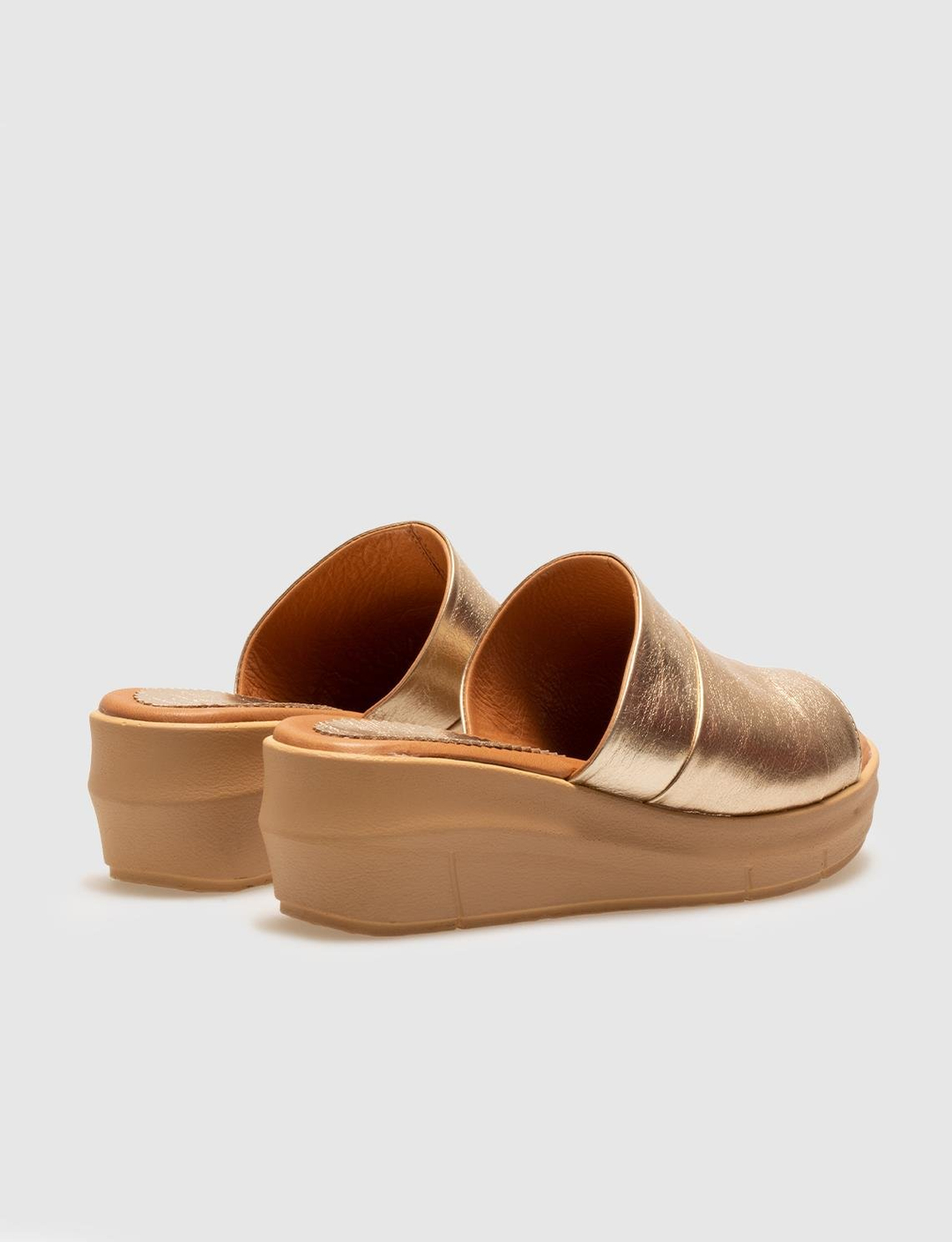 Women Gold Genuine Leather Wedge Slides