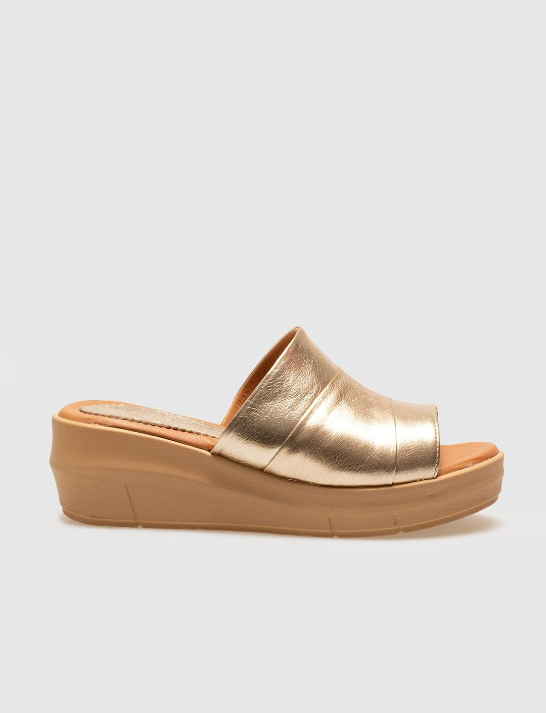 Women Gold Genuine Leather Wedge Slides