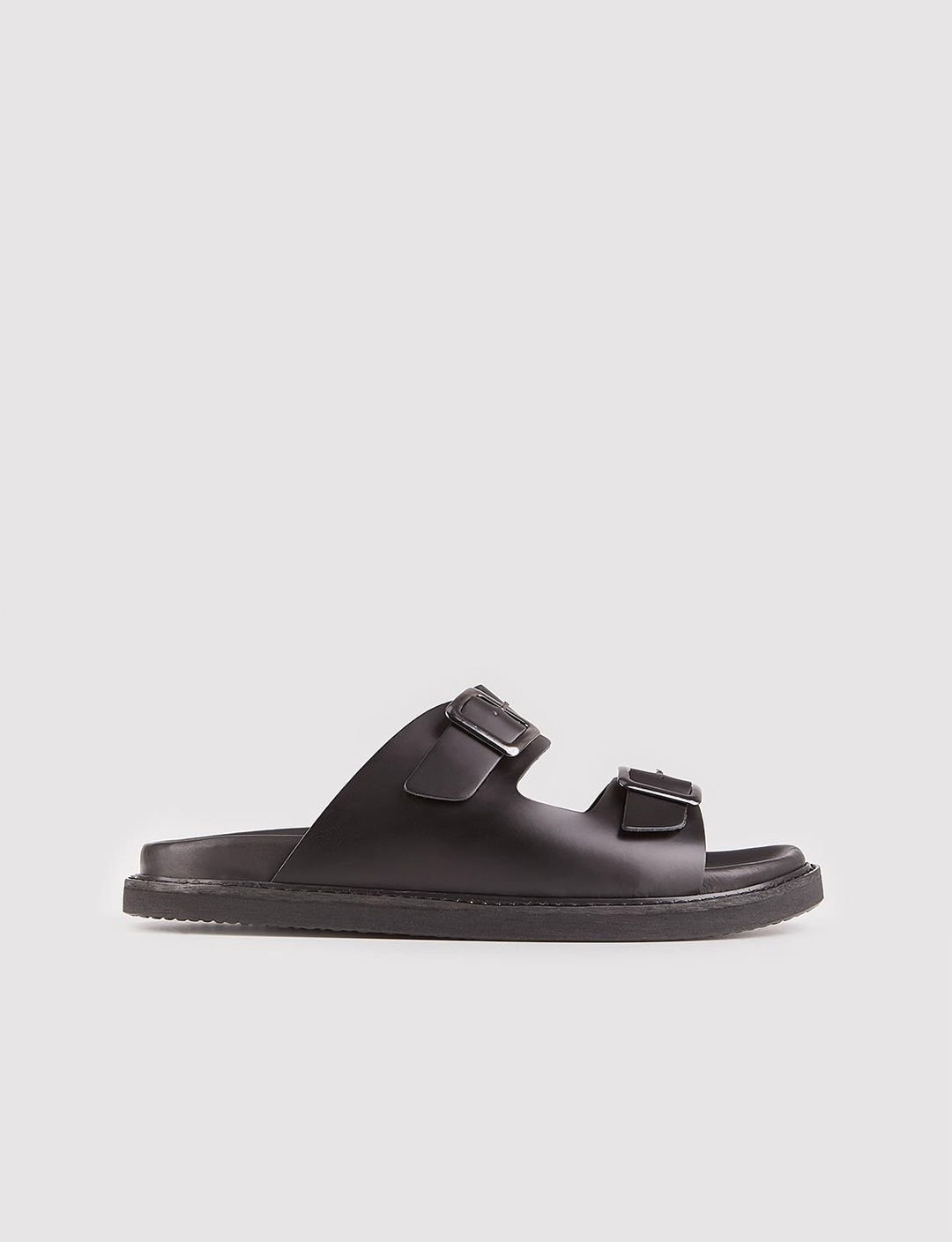 Men Black Genuine Leather Double Slide Slippers
