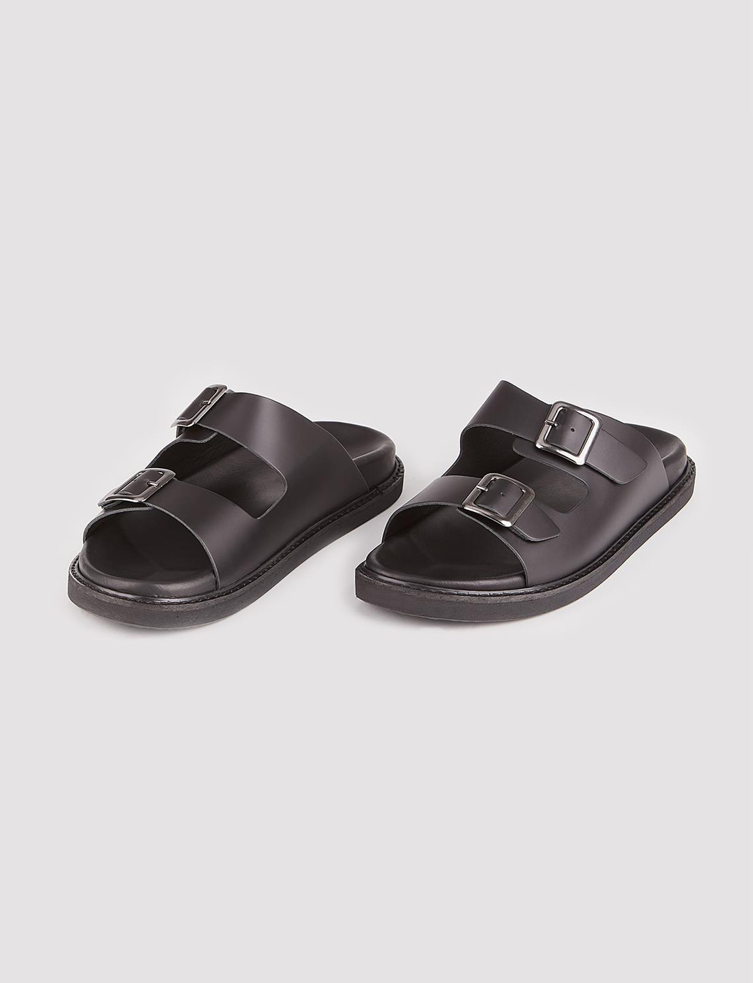 Men Black Genuine Leather Double Slide Slippers