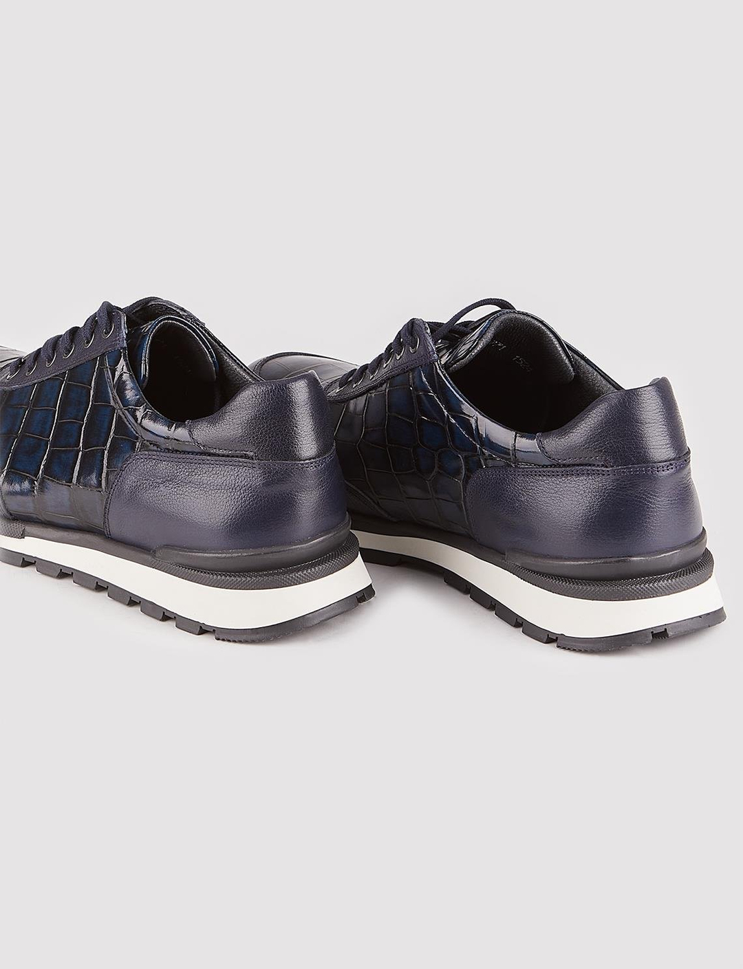 Men Navy Blue Genuine Leather Lace Up Sneakers