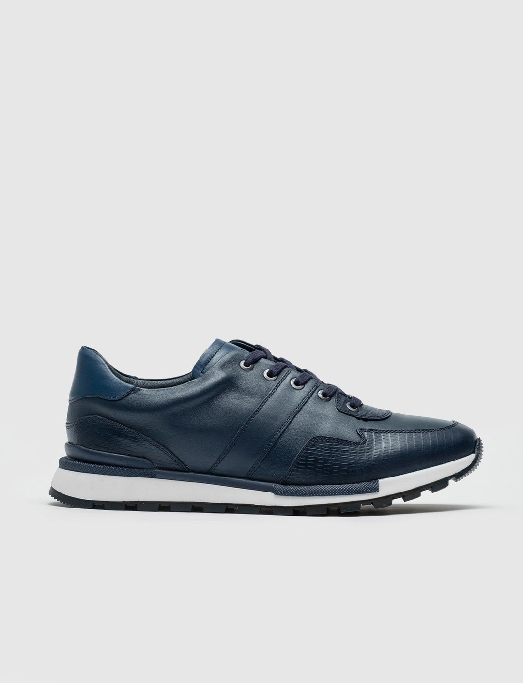 Men Navy Blue Genuine Leather Lace Up Sneakers