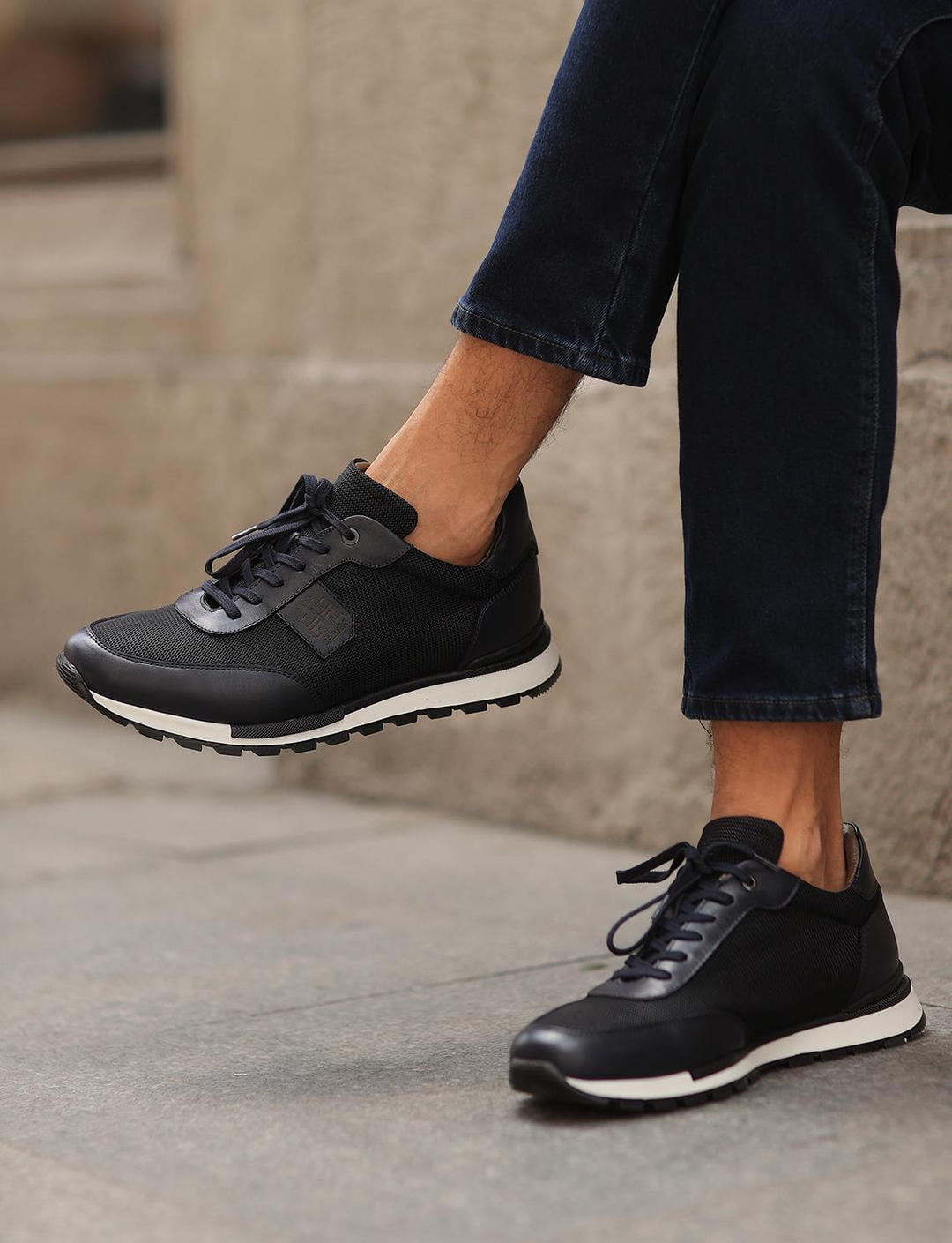 Men Navy Blue Genuine Leather Lace Up Sneakers