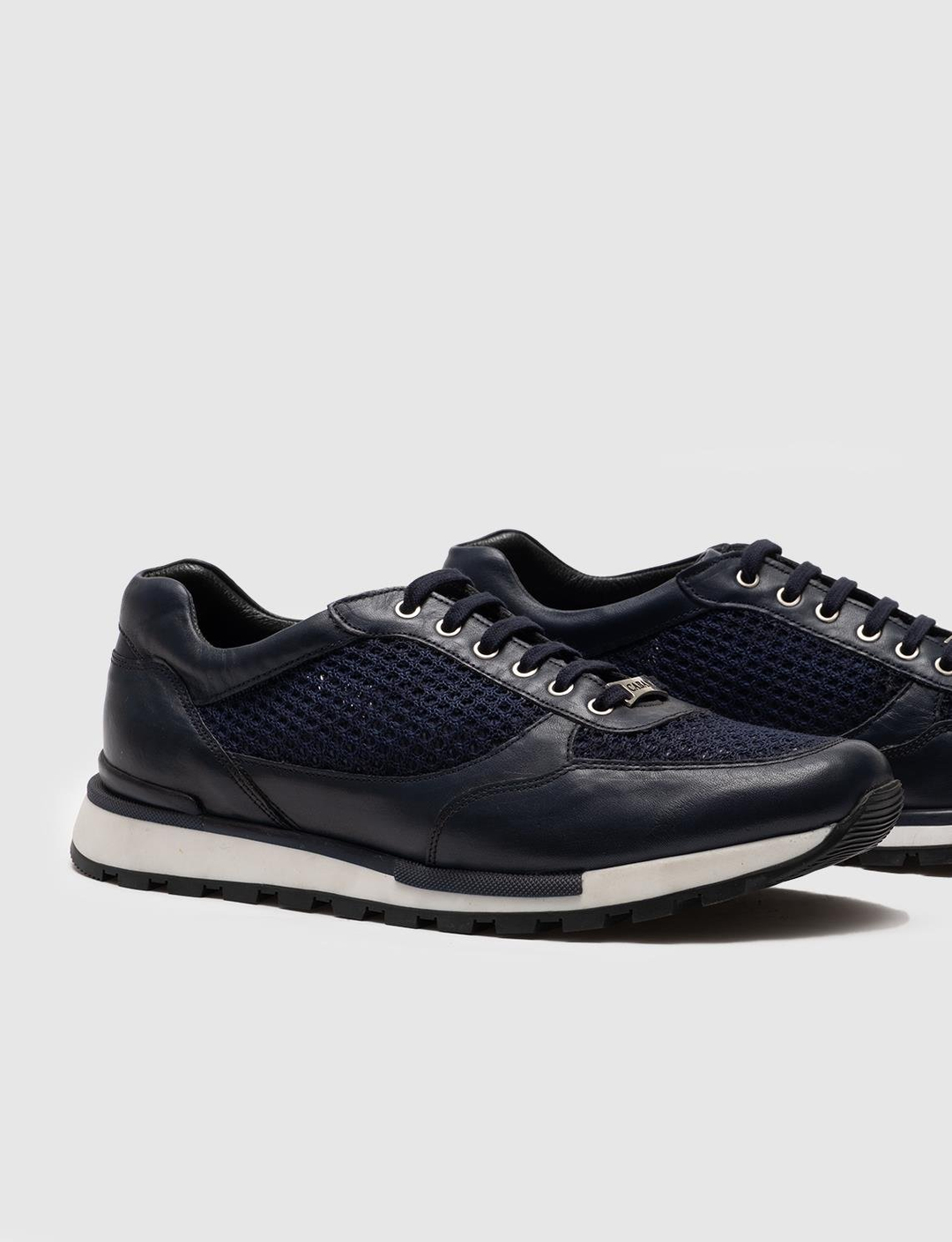 Men Navy Blue Genuine Leather Lace Up Sneakers