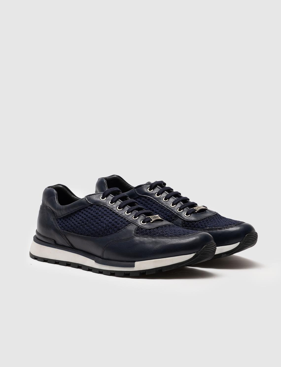 Men Navy Blue Genuine Leather Lace Up Sneakers