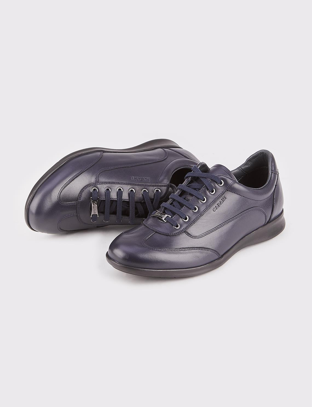 Men Navy Blue Genuine Leather Lace Up Front Sneakers