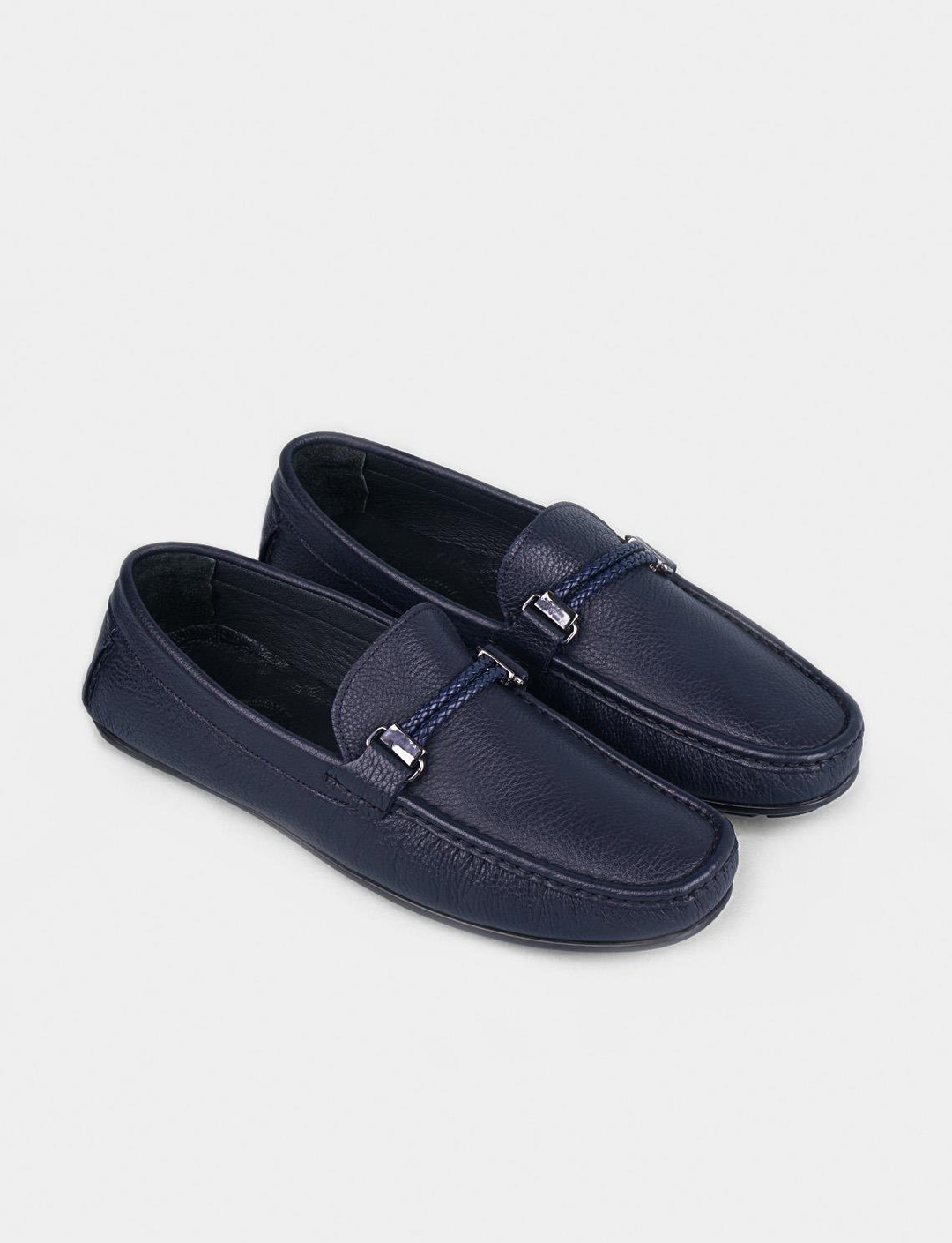 Men Navy Blue Genuine Leather Moc Toe Bit Loafers