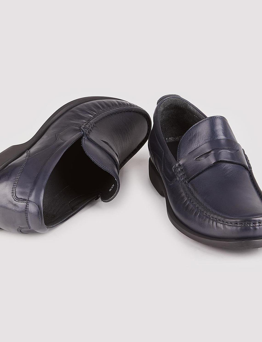 Men Navy Blue Genuine Leather Slip On Penny Loafers