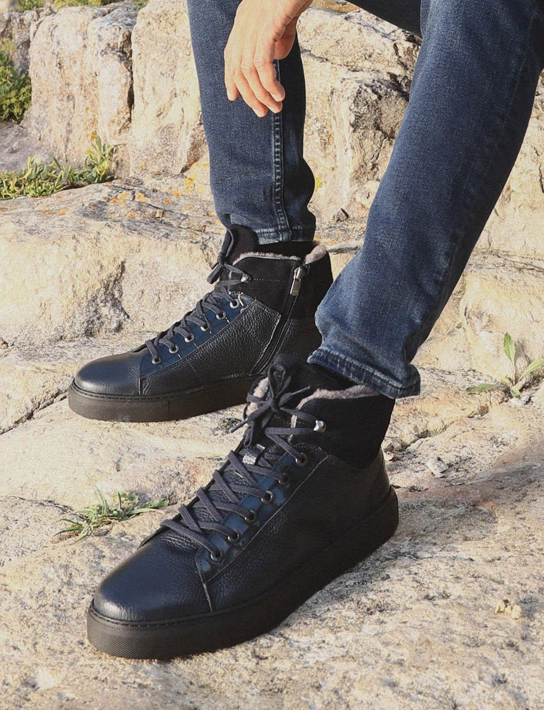 Hakiki Deri Lacivert Kürklü Erkek Günlük Bot