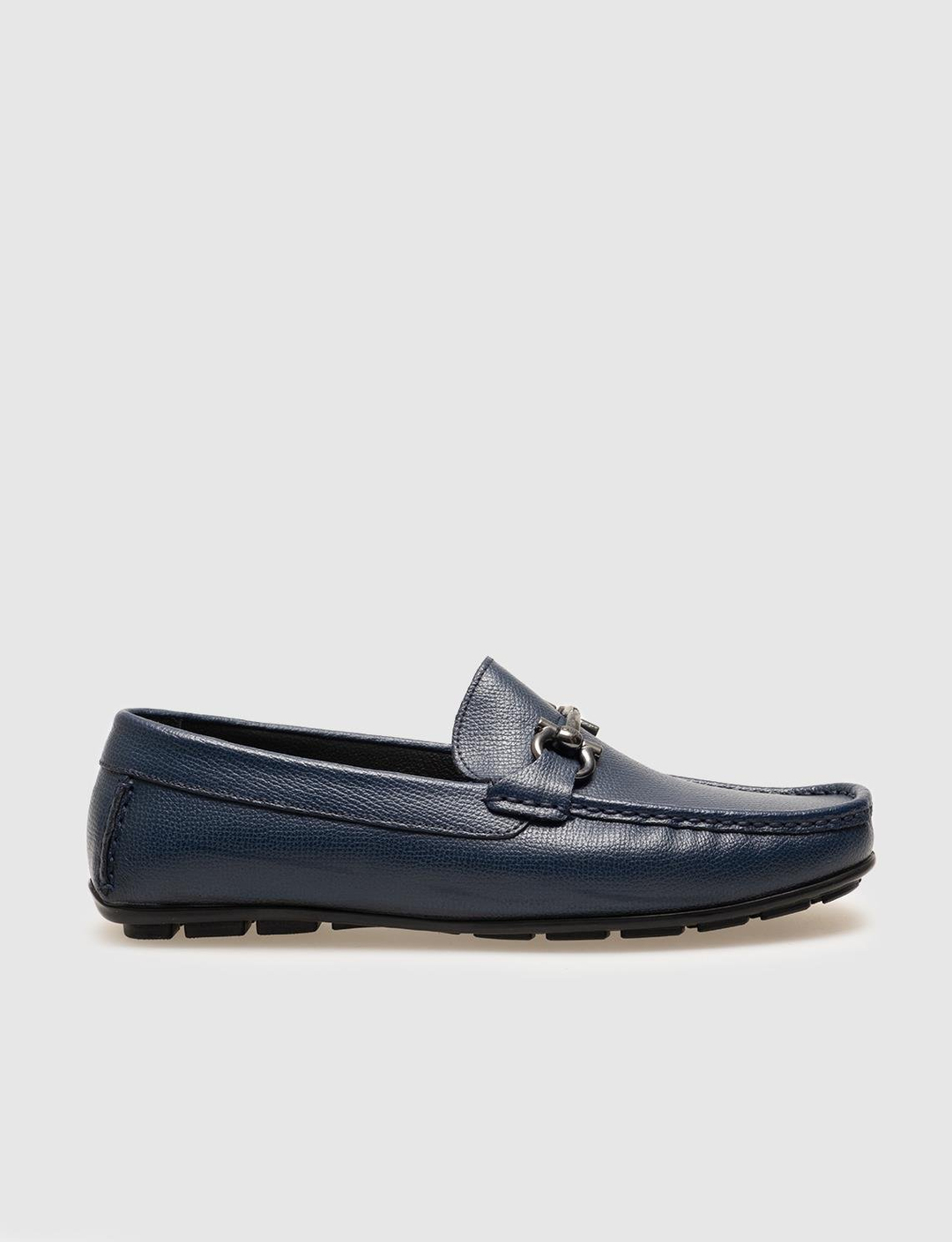 Men Navy Blue Genuine Leather Moc Toe Bit Loafers