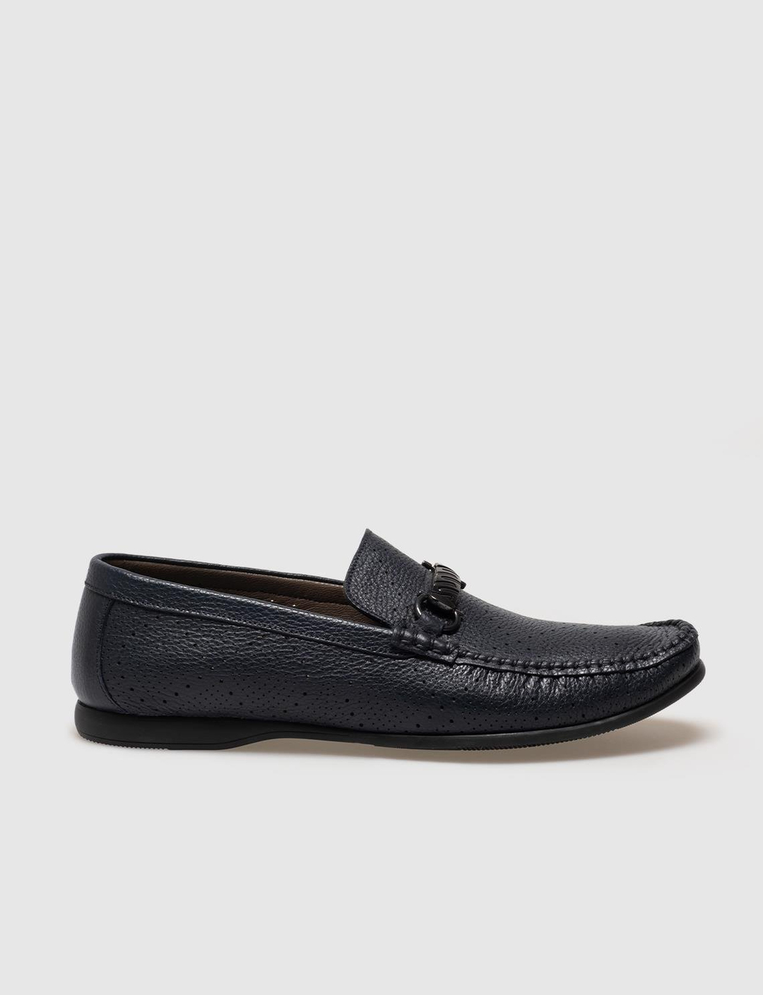 Men Navy Blue Genuine Leather Metal Decor Loafers