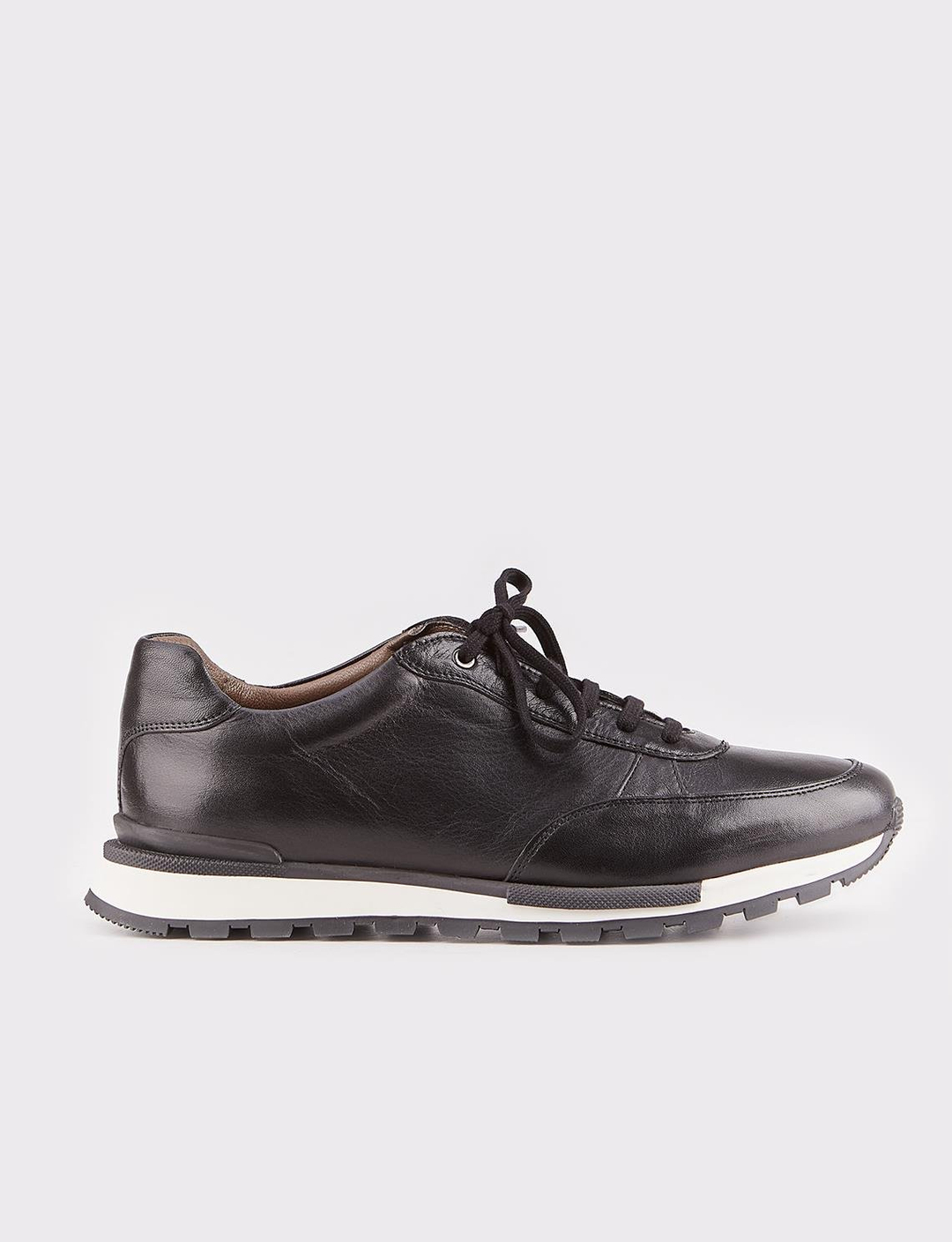 Men Black Genuine Leather Low Top Lace Up Sneakers