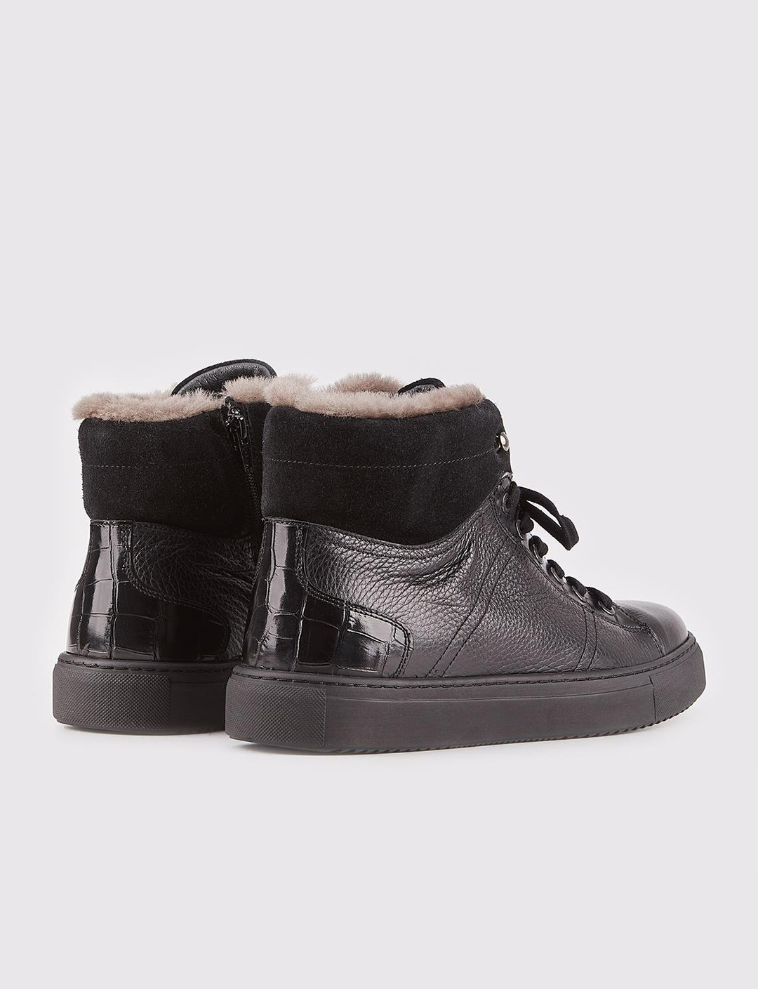 Hakiki Deri Siyah Bağcıklı Erkek Kürklü Bot