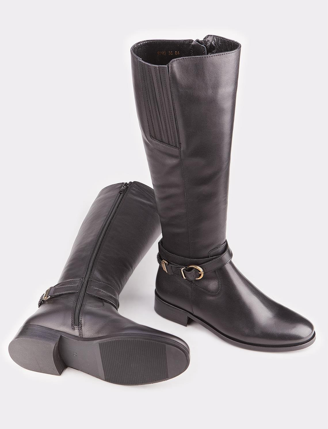 Women Black Genuine Leather Buckle Detail Boots