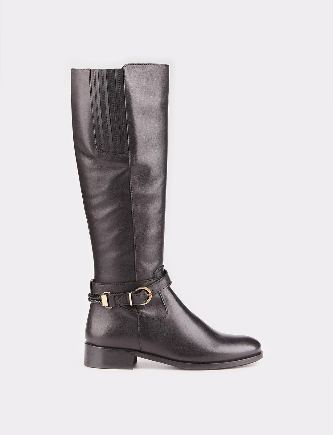 Women Black Genuine Leather Buckle Detail Boots