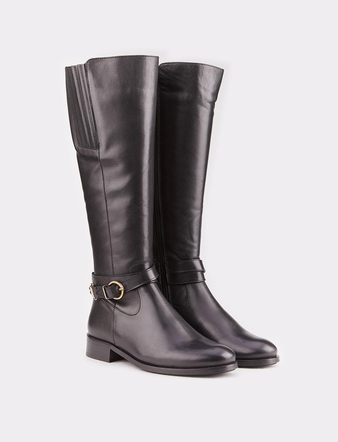 Women Black Genuine Leather Buckle Detail Boots