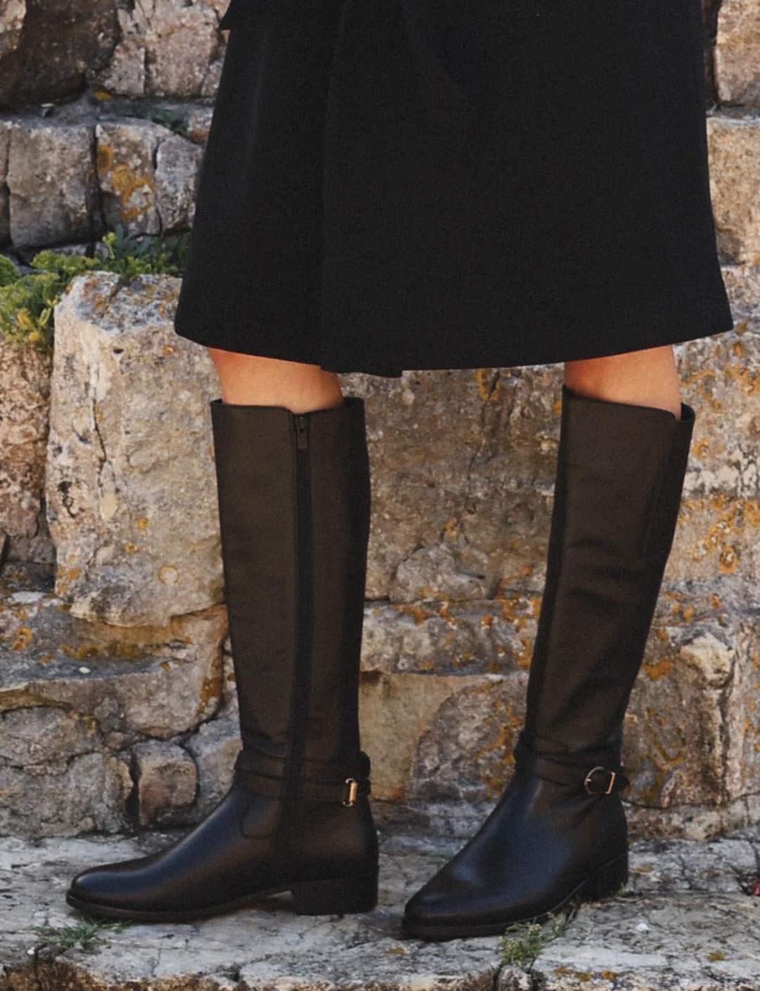 Women Black Genuine Leather Buckle Detail Boots