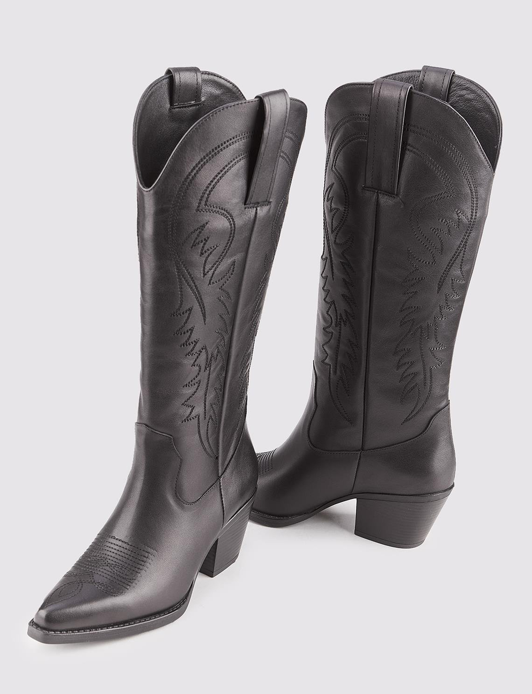 Women Black Genuine Leather Cowboy Boots