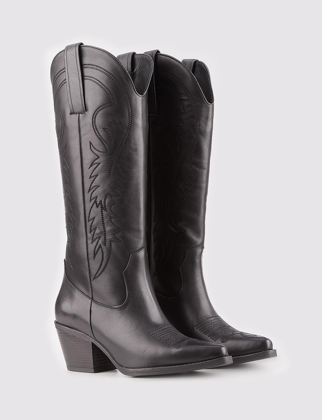 Women Black Genuine Leather Cowboy Boots