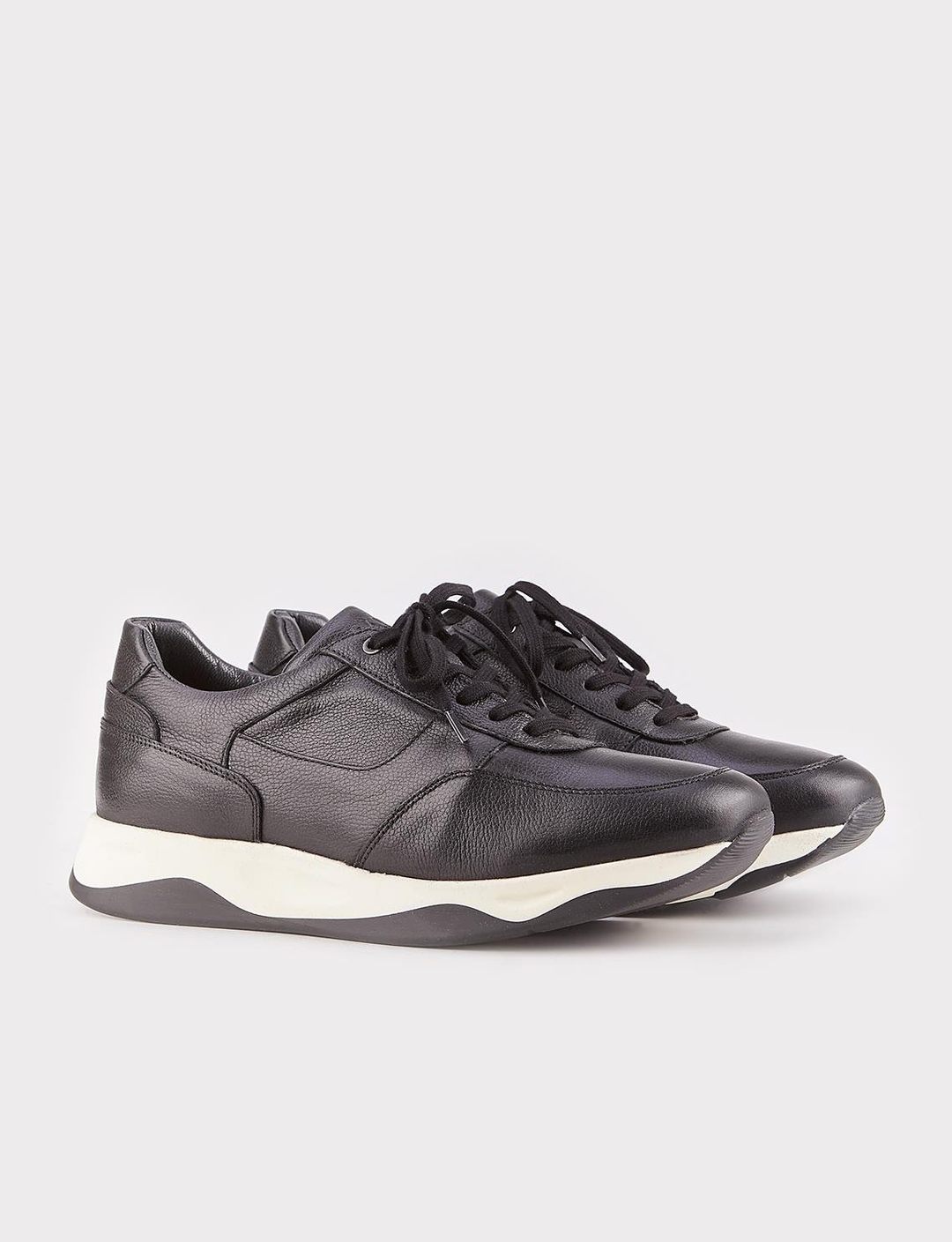 Hakiki Deri Siyah Kürklü Bağcıklı Erkek Sneaker Spor Ayakkabı