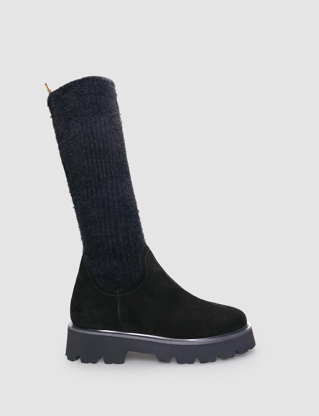 Hakiki Deri Siyah Süet Kadın Dizaltı Çizme