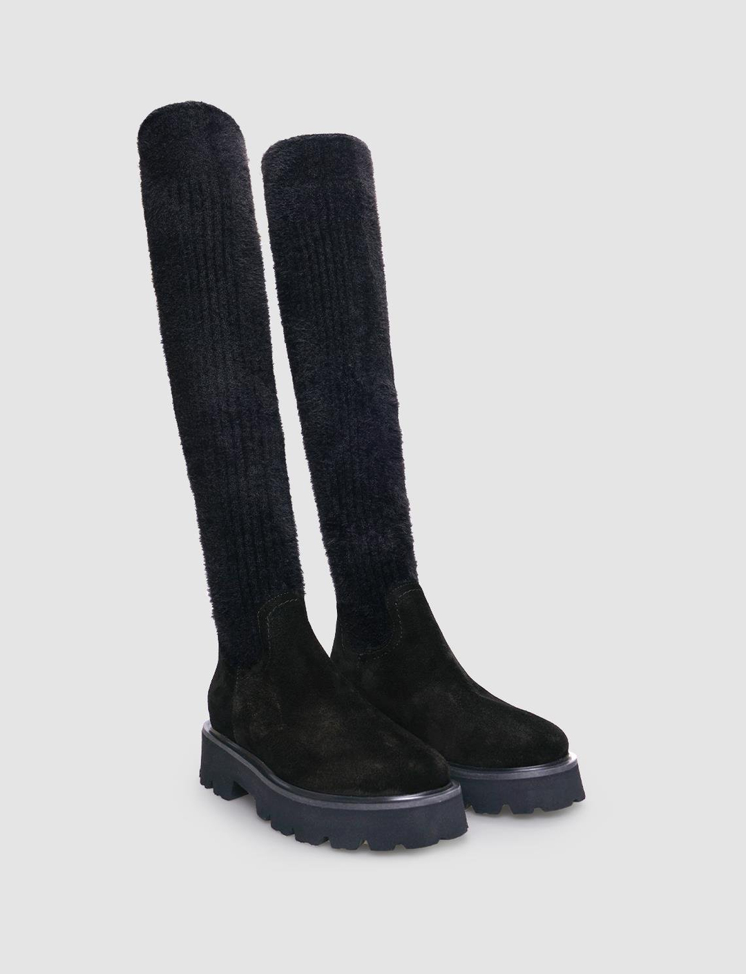 Hakiki Deri Siyah Süet Kadın Dizüstü Günlük Çizme