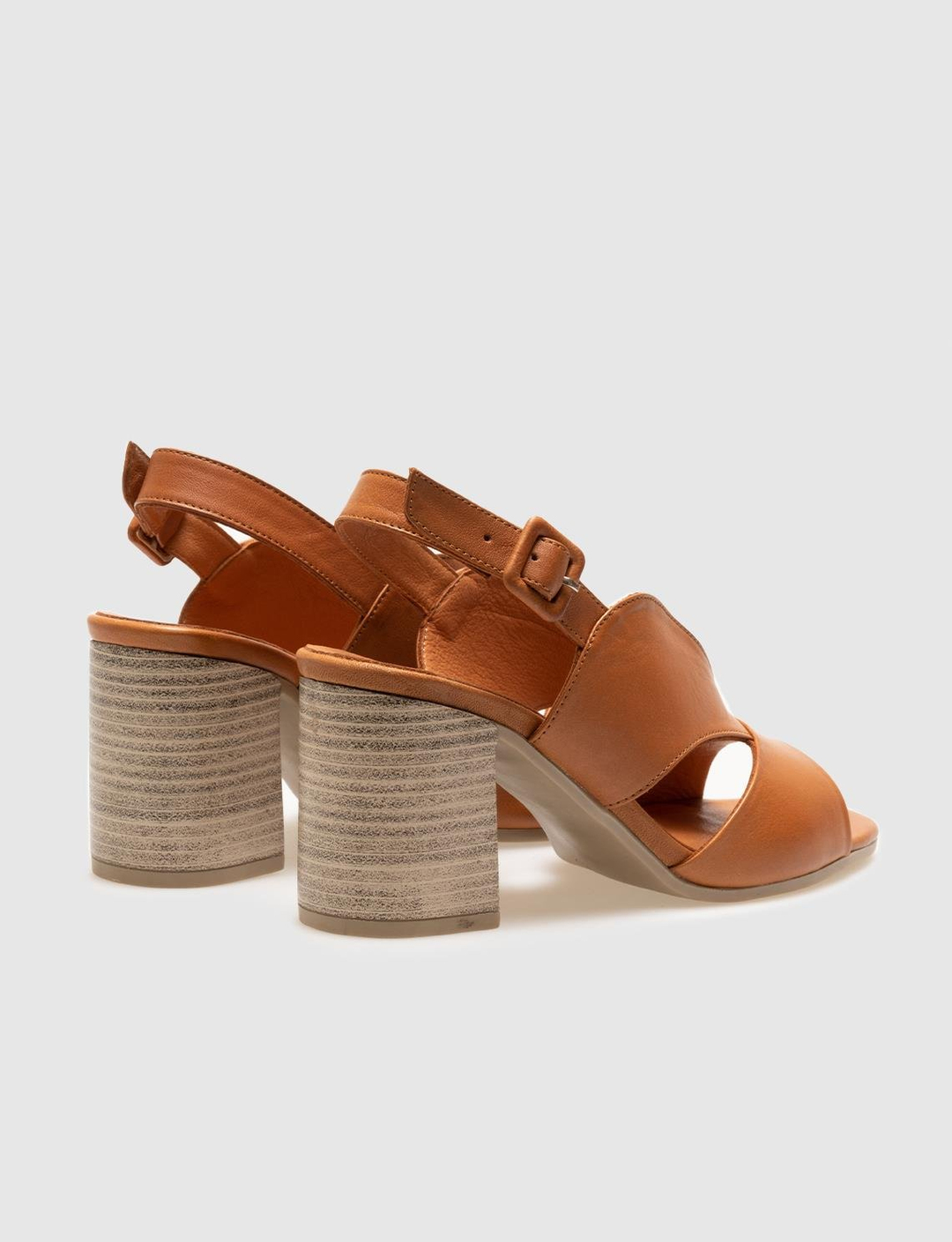 Women Tan Genuine Leather Buckle Detail Heeled Sandals