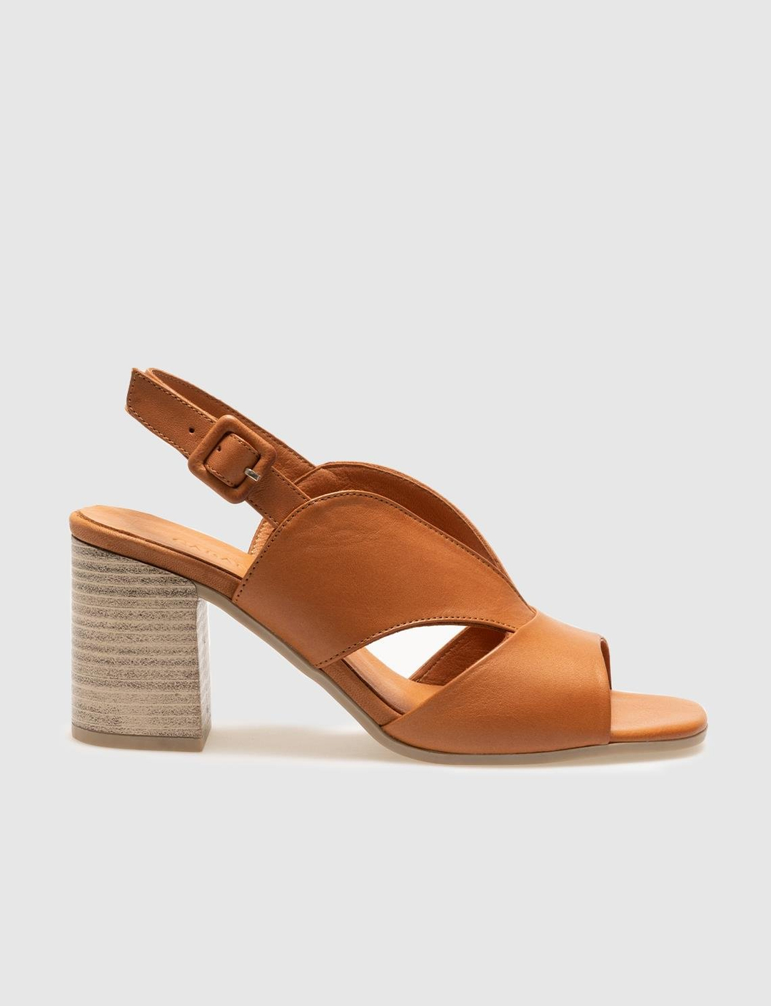 Women Tan Genuine Leather Buckle Detail Heeled Sandals