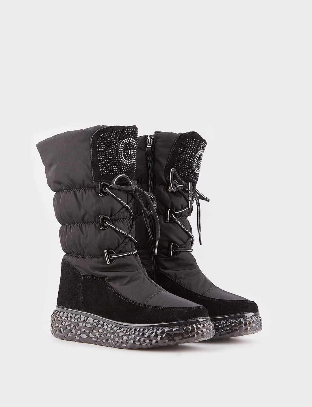 Siyah Bağcıklı Yan fermuarlı Kadın Günlük Bot