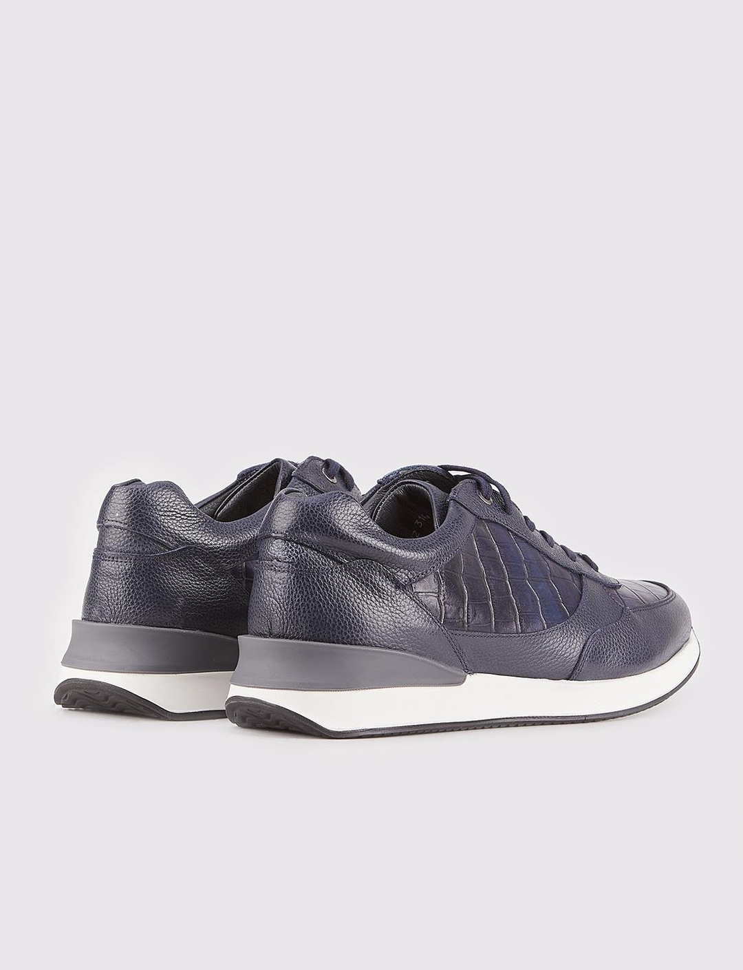 Men Navy Blue Genuine Leather Pattern Block Sneakers