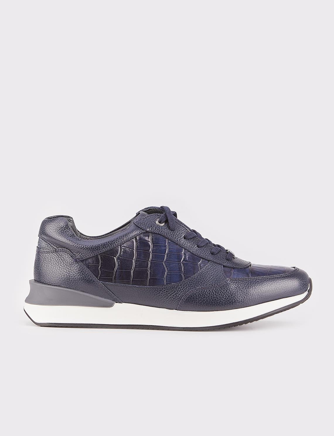Men Navy Blue Genuine Leather Pattern Block Sneakers