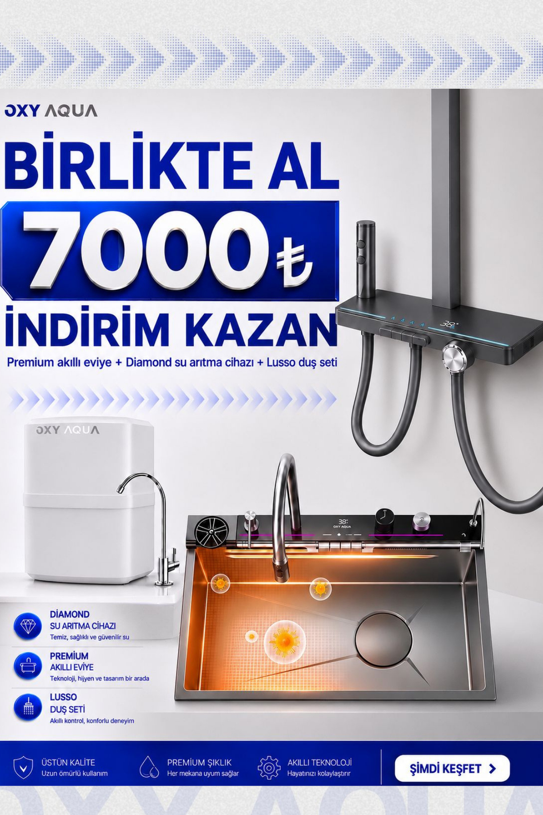 OXY AQUA Premium Akıllı Eviye Lusso Duş Seti Diamond Su Arıtma Cihazı Birlikte