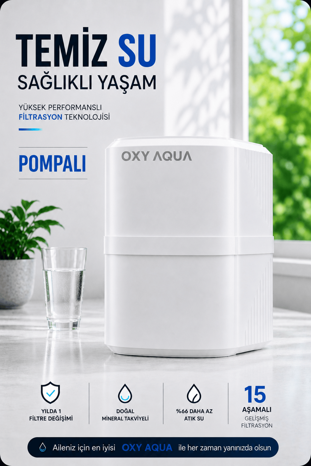 Su Arıtma Cihazı - 15 Aşamalı Pompalı Ph+ Detoks Filtreli  Çelik Su Tanklı Su Arıtma Cihazı