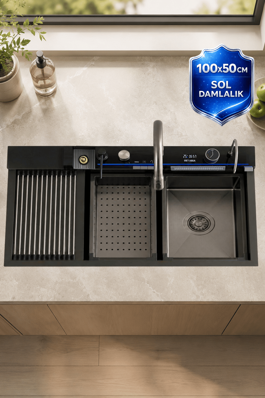 Vega 100x50 cm Sol Damlalıklı Akıllı Teknolojik Eviye Seti Paslanmaz Bal Peteği Taban Akıllı Evye