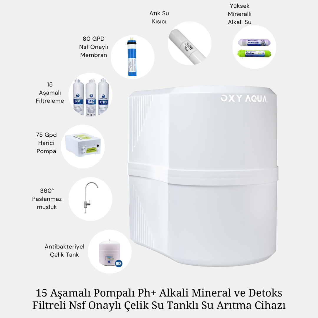 15 Aşamalı Pompalı Ph+ Alkali Mineral ve Detoks Filtreli Nsf Onaylı Çelik Su Tanklı Su Arıtma Cihazı Beyaz