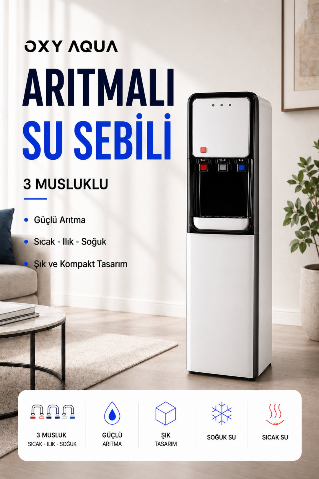 Arıtmalı Su Sebili - 16 Litre Kapasiteli Sıcak Soğuk ve Normal Su Çıkışlı 3 Musluklu Arıtmalı Siyah Su Sebili