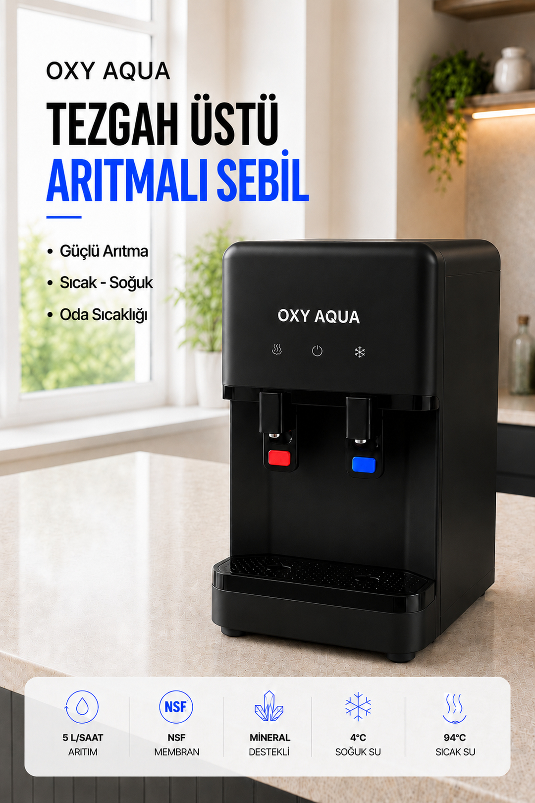 Arıtmalı Su Sebili - Sıcak Soğuk Su Çıkışlı İki Musluklu Arıtmalı Tezgah Üstü  Su Sebili