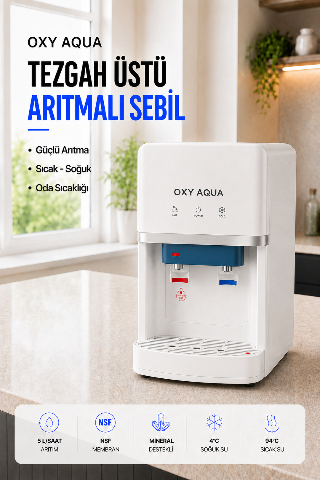 Arıtmalı Su Sebili - Tezgah Üstü 2 Musluklu Sıcak Soğuk ve Su Çıkışlı Arıtmalı Su Sebili