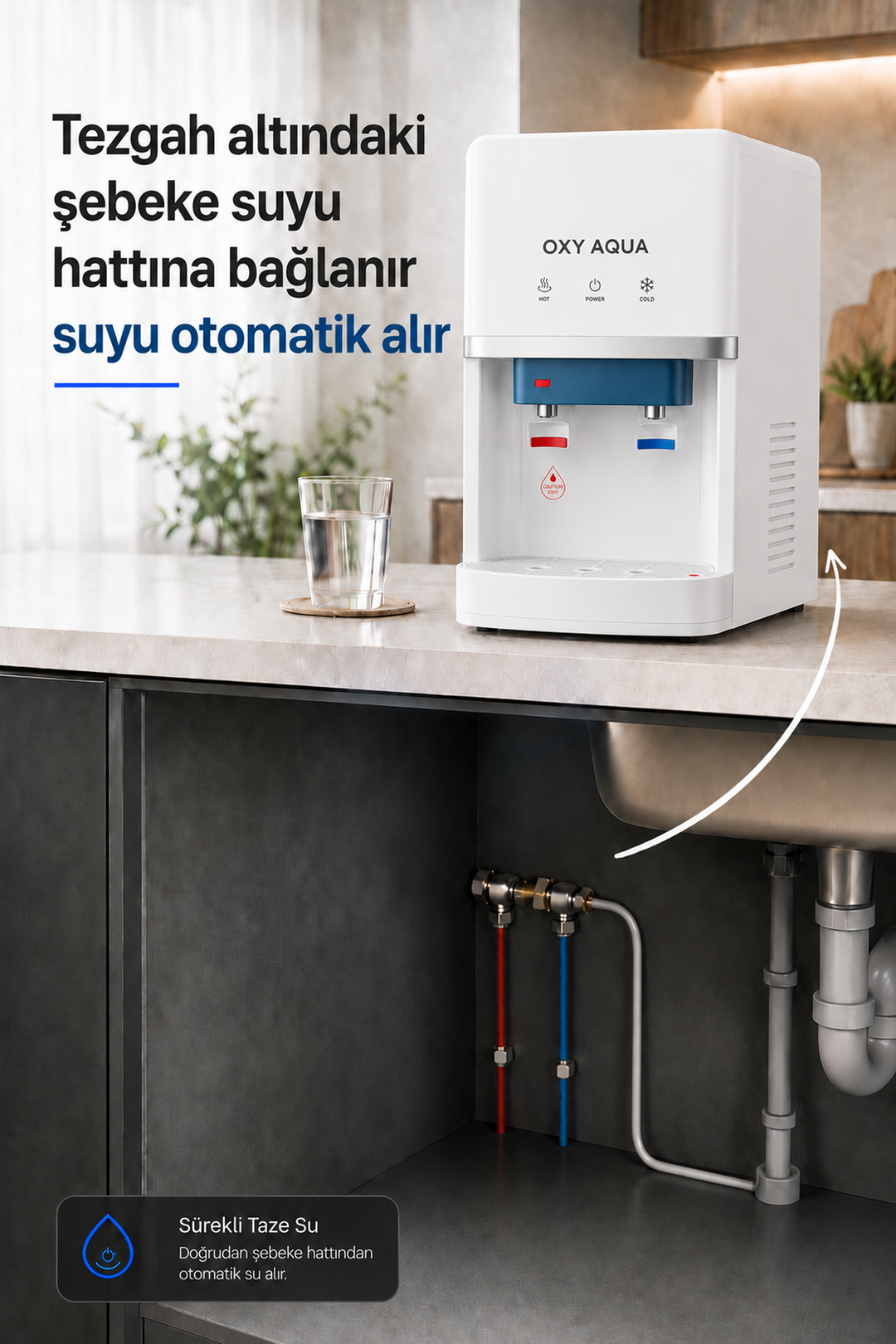 Arıtmalı Su Sebili - Tezgah Üstü 2 Musluklu Sıcak Soğuk ve Su Çıkışlı Arıtmalı Su Sebili