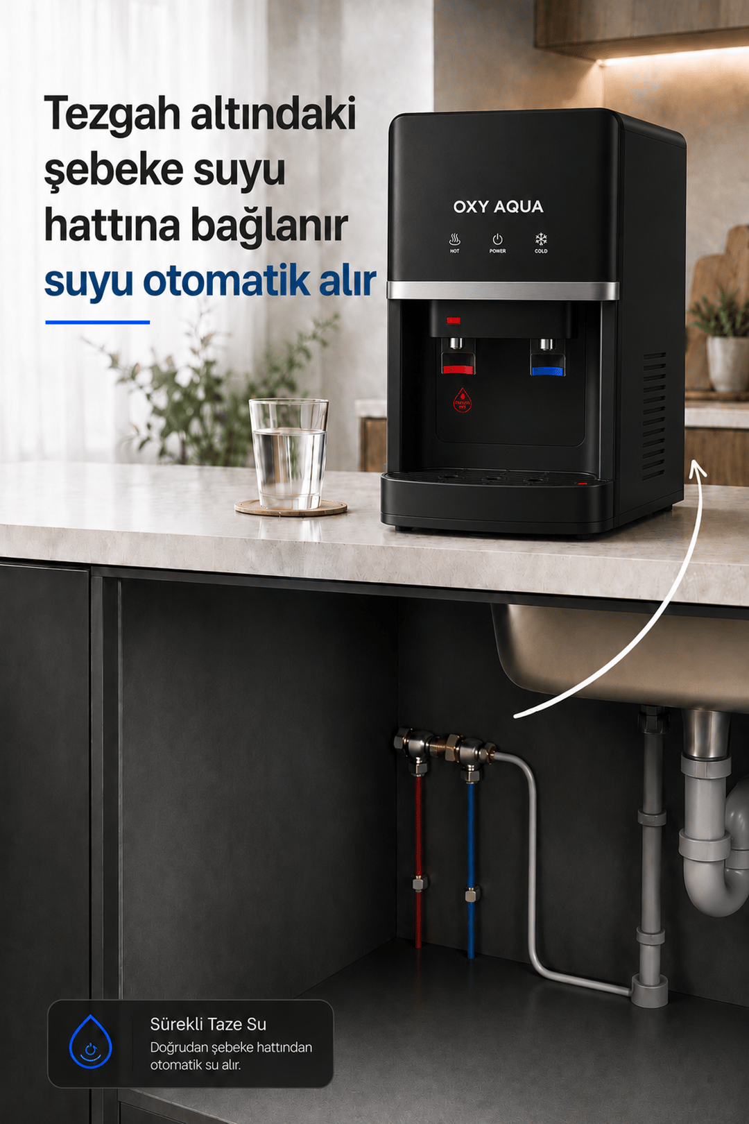 Arıtmalı Su Sebili - Tezgah Üstü 2 Musluklu Sıcak Soğuk Su Çıkışlı Arıtmalı Su Sebili