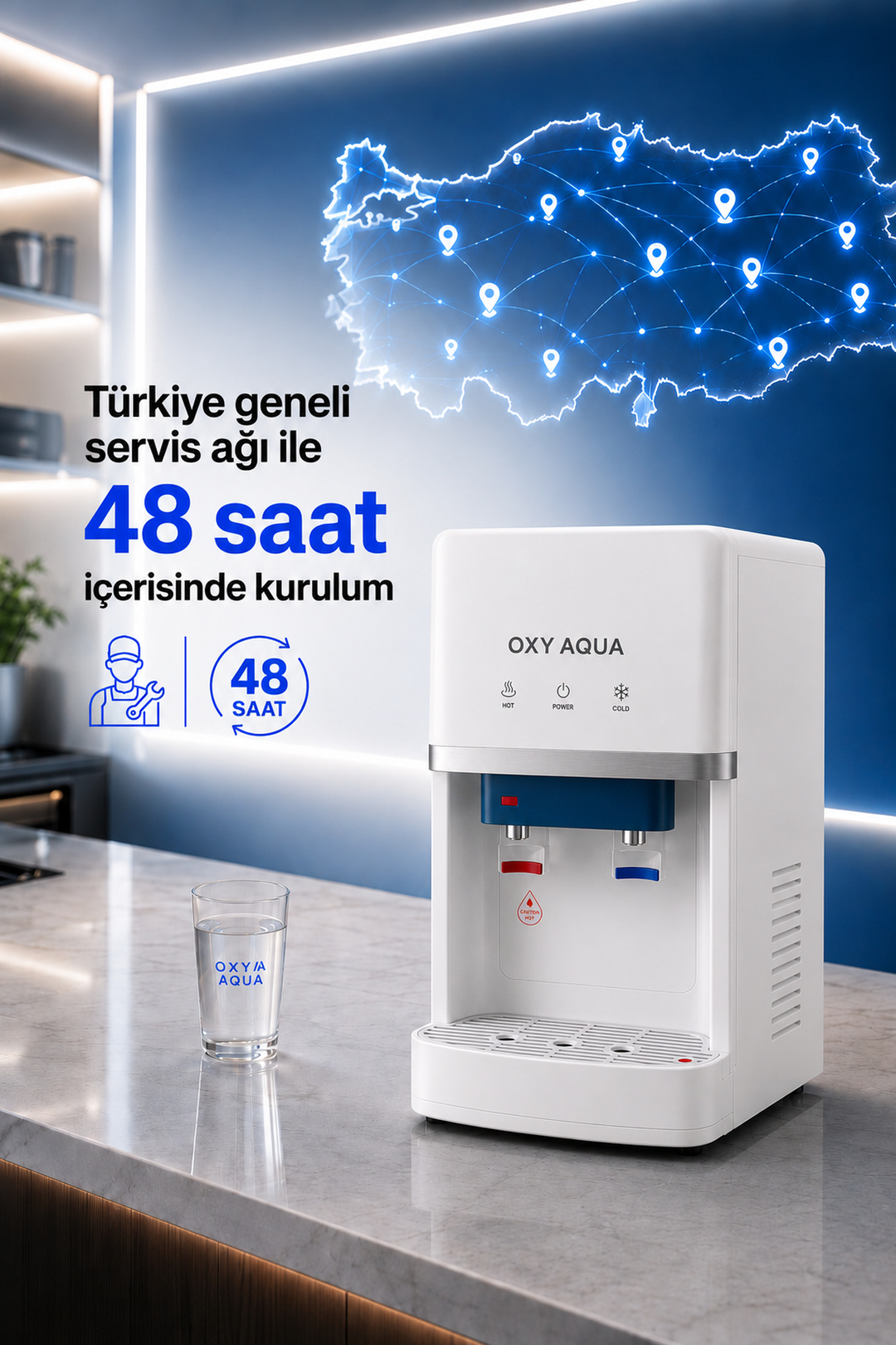 Arıtmalı Su Sebili - Tezgah Üstü 2 Musluklu Sıcak Soğuk ve Su Çıkışlı Arıtmalı Su Sebili
