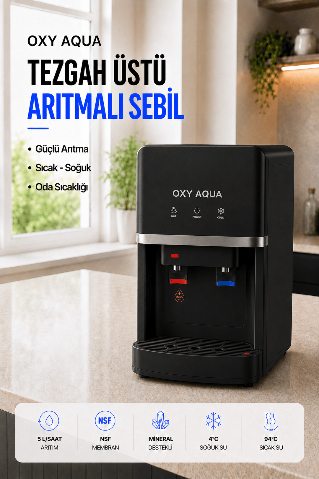 Arıtmalı Su Sebili - Tezgah Üstü 2 Musluklu Sıcak Soğuk Su Çıkışlı Arıtmalı Su Sebili
