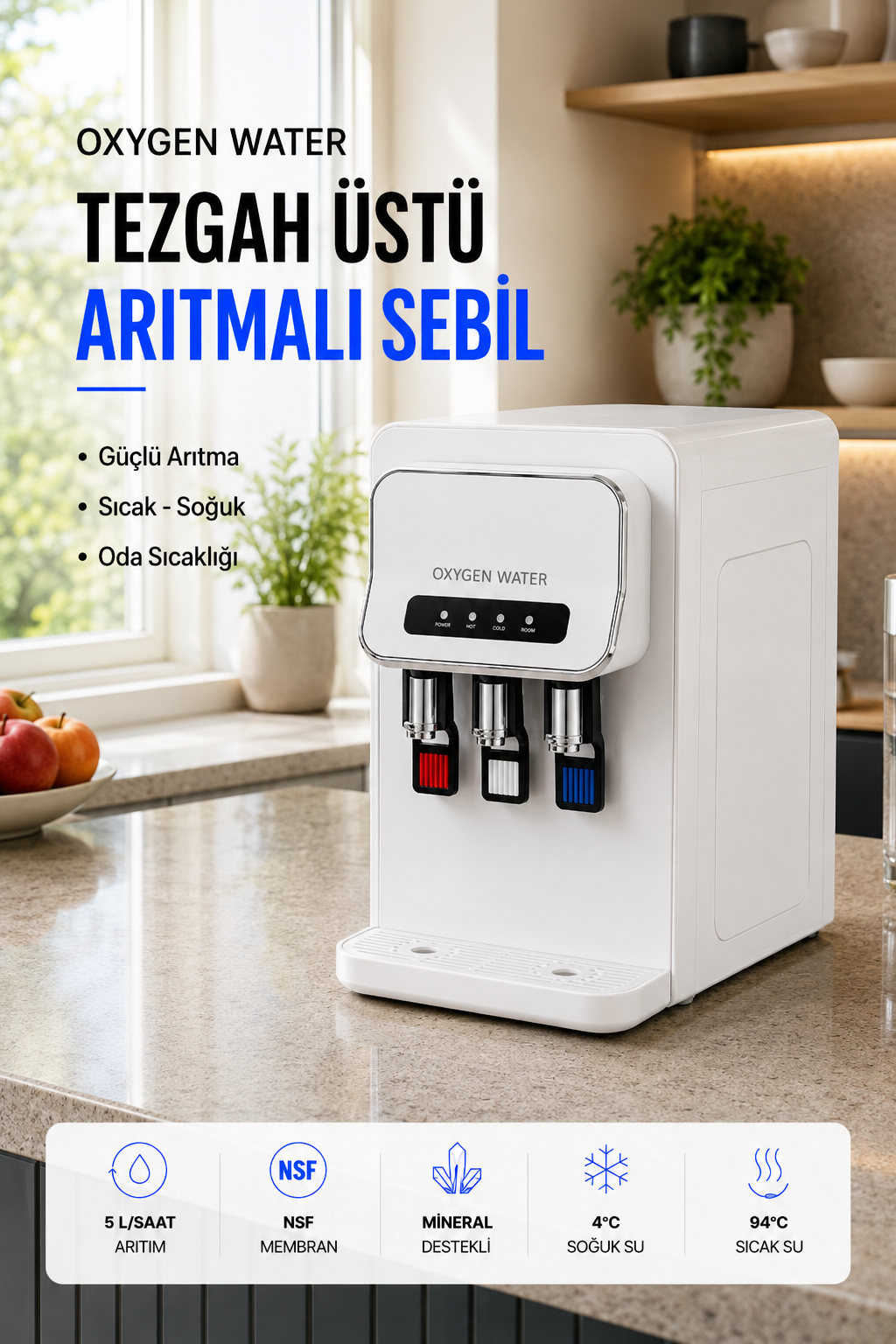 Arıtmalı Su Sebili - Tezgah Üstü 3 Musluklu Sıcak Soğuk ve Normal Su Çıkışlı Arıtmalı Su Sebili
