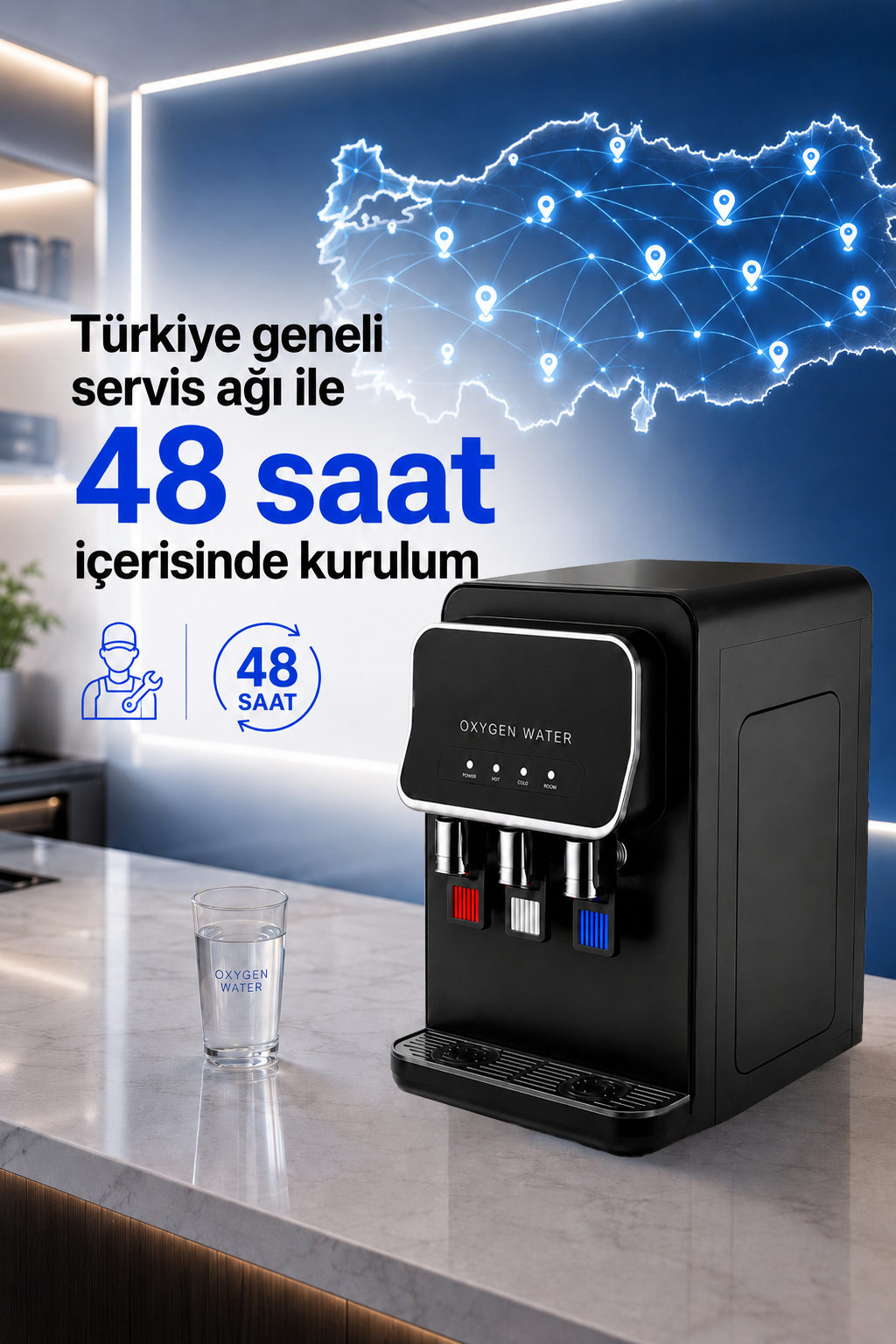 Arıtmalı Su Sebili - Tezgah Üstü 3 Musluklu Sıcak Soğuk ve Normal Su Çıkışlı Arıtmalı Siyah Su Sebili 