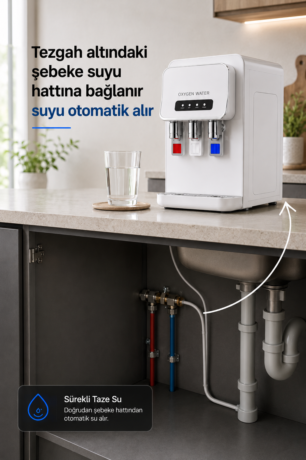 Arıtmalı Su Sebili - Tezgah Üstü 3 Musluklu Sıcak Soğuk ve Normal Su Çıkışlı Arıtmalı Su Sebili
